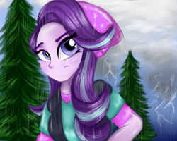 Size: 1024x819 | Tagged: safe, artist:lcpegasister75, starlight glimmer, equestria girls, beanie, clothes, female, hat, rain, solo, tree