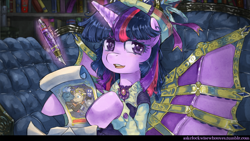 Size: 1280x720 | Tagged: safe, artist:saturnspace, derpibooru import, doctor whooves, star hunter, twilight sparkle, pony, clothes, discorded whooves, fountain pen, jack harkness, palindrome get, steampunk