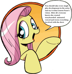 Size: 421x431 | Tagged: safe, fluttershy, pegasus, pony, bad advice fluttershy, blue eyes, dialogue, exploitable meme, female, mare, meme, meta, open mouth, pink mane, raised hoof, raised leg, simple background, smiling, solo, speech bubble, talking to viewer, text, trollbait, underhoof, yellow coat