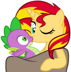 Size: 1470x1506 | Tagged: safe, artist:kuren247, artist:sulyo, edit, spike, sunset shimmer, dragon, pony, unicorn, blanket, female, hundreds of users filter this tag, kissing, love, male, shipping, straight, sunsetspike, vector, vector edit, wink