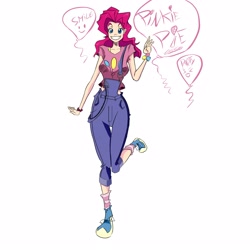 Size: 2500x2500 | Tagged: safe, artist:gabidansk, pinkie pie, female, humanized, overalls, pink hair, solo