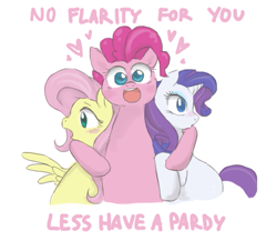 Size: 617x535 | Tagged: safe, artist:bikkisu, fluttershy, pinkie pie, rarity, earth pony, pegasus, pony, unicorn, flarity, hug, shipping, shipping denied, text