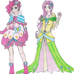 Size: 1000x993 | Tagged: safe, artist:pimlak1234, fluttershy, pinkie pie, clothes, dress, gala dress, humanized, traditional art