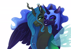 Size: 2100x1443 | Tagged: safe, artist:cascayd, nightmare moon, queen chrysalis, alicorn, changeling, changeling queen, pony, bedroom eyes, blushing, chrysmoon, eyeshadow, female, floppy ears, freckles, hug, lesbian, lidded eyes, makeup, mare, nuzzling, shipping, simple background, sitting, smiling, spread wings, white background, winghug, wings