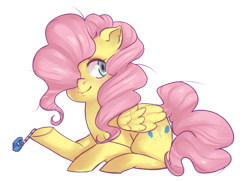 Size: 700x507 | Tagged: safe, artist:qeius, fluttershy, pegasus, pony, alternate hairstyle, party horn, solo, swapped cutie marks