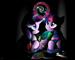 Size: 1307x1046 | Tagged: safe, artist:dsana, spike, starlight glimmer, twilight sparkle, twilight sparkle (alicorn), alicorn, dragon, pony, unicorn, alcohol, baby, baby dragon, blanket, book, cute, dark, drink, fangs, female, glass, glimmerbetes, magazine, magic, magic circle, male, mama twilight, mare, mother and child, mother and son, parent and child, prone, signature, sleeping, spell, spikabetes, spikelove, twiabetes, wine