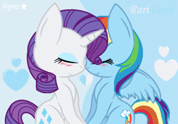 Size: 665x464 | Tagged: safe, artist:lopez765, derpibooru import, rainbow dash, rarity, pegasus, pony, unicorn, blushing, eyes closed, female, heart, lesbian, mare, nuzzling, raridash, shipping, smiling