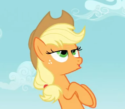 Size: 396x344 | Tagged: safe, screencap, applejack, earth pony, pony, female, lidded eyes, mare, solo