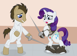 Size: 1280x930 | Tagged: safe, artist:liggliluff, artist:wjmmovieman, doctor whooves, rarity, pony, unicorn, assisted exposure, bipedal, blushing, clothes, embarrassed, embarrassed underwear exposure, fencing, frilly underwear, heart, heart print underwear, humiliation, panties, rapier, striped underwear, underwear, undressing, vector