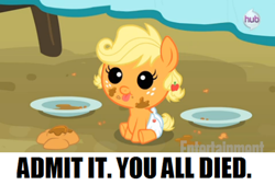 Size: 500x337 | Tagged: safe, applejack, earth pony, pony, babyjack, cute, diaper, foal, image macro