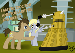 Size: 1024x727 | Tagged: safe, artist:bonaldo-kun, derpy hooves, doctor whooves, pegasus, pony, dalek, doctor who, female, mare