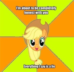 Size: 500x488 | Tagged: safe, applejack, earth pony, pony, advice meme, female, image macro, impact font, liar's paradox, mare, meme