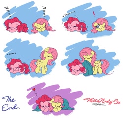 Size: 1542x1491 | Tagged: safe, artist:willisninety-six, fluttershy, pinkie pie, earth pony, pegasus, pony, blanket, comic, cuddling, female, filly, flutterpie, friendshipping, heartwarming, lesbian, shipping, shivering, sleeping, younger, zzz