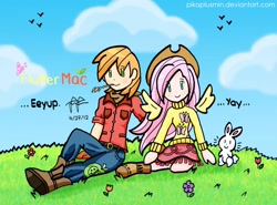 Size: 1762x1305 | Tagged: safe, artist:pikaplusmin, angel bunny, big macintosh, fluttershy, clothes, cute, female, fluttermac, humanized, male, shipping, skirt, straight, winged humanization, yay