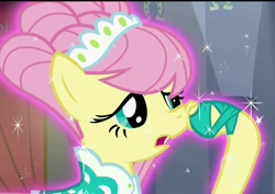 Size: 1018x720 | Tagged: safe, screencap, fluttershy, pegasus, pony, green isn't your color, alternate hairstyle, clothes, dress, magic, magic aura, nose picking, solo