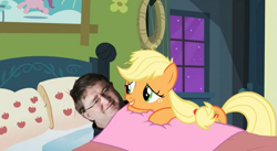 Size: 635x348 | Tagged: safe, edit, edited screencap, screencap, applejack, human, gabe newell, irl, irl human, photo, worth the weight