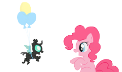 Size: 1511x900 | Tagged: safe, artist:evetssteve, pinkie pie, changeling, earth pony, nymph, pony, balloon, cute, eye contact, female, floating, flying, looking at each other, mare, open mouth, simple background, smiling, transparent background