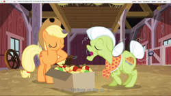 Size: 1600x900 | Tagged: safe, screencap, applejack, granny smith, earth pony, pony, female, mare, youtube caption