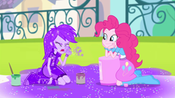 Size: 1440x810 | Tagged: safe, derpibooru import, screencap, pinkie pie, rainbow dash, equestria girls, pinkie on the one, rainbow rocks, balloon, banner, boots, bracelet, clothes, coughing, covered, cute, glitter, high heel boots, purple dash, skirt, smiling, socks, you seem upset