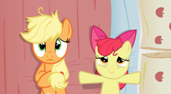 Size: 629x346 | Tagged: safe, screencap, apple bloom, applejack, earth pony, pony, apple family reunion, bed, female, filly, mare, on back, out of context, pillow