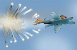 Size: 717x469 | Tagged: safe, artist:ltrm35a2, derpibooru import, rainbow dash, pegasus, pony, female, flares, flying, mare, sky, solo