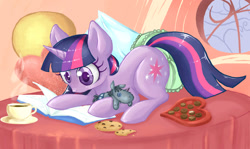 Size: 1024x612 | Tagged: safe, artist:pearlie-pie, derpibooru import, smarty pants, twilight sparkle, bed, book, candy, chocolate, coffee, cookie, golden oaks library, pillow, reading