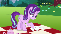 Size: 1920x1080 | Tagged: safe, screencap, angel bunny, starlight glimmer, pony, no second prances, bellyrubs, cute, grin, lidded eyes, on back, open mouth, picnic blanket, smiling, starlight is a bunny fondler, teapot