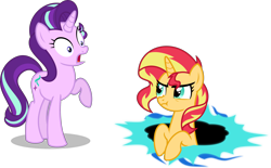Size: 5000x3094 | Tagged: safe, artist:orin331, starlight glimmer, sunset shimmer, pony, unicorn, absurd resolution, eye contact, female, frown, glare, looking at each other, mare, nose wrinkle, open mouth, portal, raised hoof, scrunchy face, shocked, simple background, surprised, transparent background, unamused, vector, wide eyes