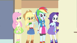 Size: 1440x810 | Tagged: safe, derpibooru import, screencap, applejack, fluttershy, rainbow dash, rarity, equestria girls, pinkie on the one, rainbow rocks