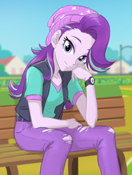 Size: 880x1170 | Tagged: safe, artist:ta-na, starlight glimmer, equestria girls, mirror magic, spoiler:eqg specials, bench, clothes, cute, eyeshadow, female, glimmerbetes, houses, looking at you, makeup, pants, shirt, smiling, solo, vest, watch, wristwatch