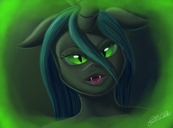 Size: 2337x1730 | Tagged: safe, artist:theunconsistentone, queen chrysalis, anthro, changeling, changeling queen, fangs, female, hypnosis, kissy face, lips, offscreen character, pov