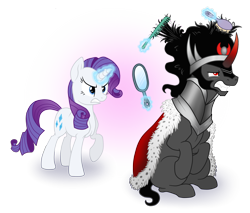 Size: 1992x1700 | Tagged: safe, artist:wolframclaws, king sombra, rarity, pony, umbrum, unicorn, annoyed, comb, glowing horn, magic, mirror, simple background, telekinesis, transparent background