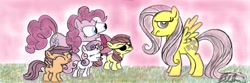 Size: 1080x360 | Tagged: safe, fluttershy, pinkie pie, earth pony, pegasus, pony, duo, duo female, eye bulging, female, mare, pink coat, pink mane, yellow mane