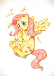 Size: 1033x1460 | Tagged: dead source, safe, artist:hotomura, fluttershy, pegasus, pony, blushing, feather, female, mare, on back, pixiv, solo