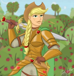 Size: 1200x1239 | Tagged: safe, artist:saber-scorpion, applejack, armor, dungeons and dragons, fantasy class, humanized, knight, paladin, sword, warrior