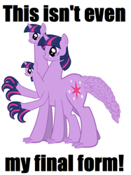 Size: 500x667 | Tagged: safe, derpibooru import, twilight sparkle, cerberus, hydra, abomination, multiple heads, nightmare fuel, text, this isn't even my final form, three heads, three-headed pony, wat, what has science done, you need me