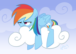 Size: 5600x4000 | Tagged: safe, artist:coaldustthestrange, derpibooru import, rainbow dash, pegasus, pony, cloud, frown, grumpy, on a cloud, signature, solo