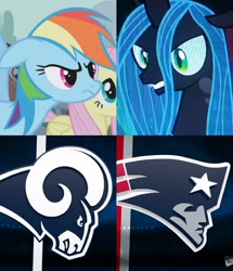 Size: 1833x2132 | Tagged: safe, queen chrysalis, rainbow dash, changeling, changeling queen, pegasus, pony, american football, los angeles rams, new england patriots, nfl, sports, super bowl, super bowl liii