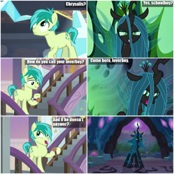 Size: 1000x1000 | Tagged: safe, edit, edited screencap, screencap, queen chrysalis, sandbar, changeling, changeling queen, pony, the mean 6, to where and back again, what lies beneath, boyfriend, cave, comic, dirty dancing, female, girlfriend, love, love is strange, loverboy, male, man, school, schoolboy, screencap comic, stairs, woman