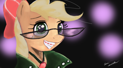 Size: 4488x2496 | Tagged: safe, artist:journeyxp, applejack, earth pony, pony, bow, braces, glasses