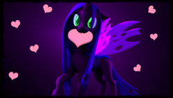 Size: 1920x1080 | Tagged: safe, artist:loveslove, queen chrysalis, changeling, changeling queen, 3d, cute, cutealis, female, heart, mouth hold, source filmmaker