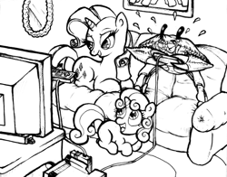 Size: 1593x1249 | Tagged: safe, artist:darkone10, rarity, sweetie belle, pony, unicorn, monochrome, nintendo, nintendo entertainment system, pretty big crab, rarity fighting a giant crab, wat