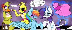 Size: 2095x899 | Tagged: safe, artist:ggchristian, derpibooru import, rainbow dash, rarity, pegasus, pony, unicorn, chica, clothes, crossover, dress, five nights at freddy's, forced makeover, jewelry, lipstick, magic, necklace, pearl necklace, rainbow dash always dresses in style, toy chica