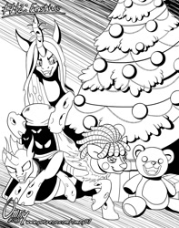 Size: 800x1015 | Tagged: safe, artist:omny87, queen chrysalis, changeling, changeling queen, series:ink's warming eve, bag, black and white, christmas, christmas tree, disguise, disguised changeling, female, grayscale, holiday, male, monochrome, present, trap, tree