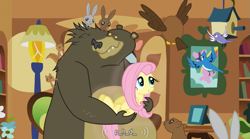 Size: 761x423 | Tagged: safe, screencap, fluttershy, harry, bear, pegasus, pony, magical mystery cure, youtube caption