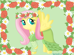 Size: 2000x1500 | Tagged: safe, artist:verminshy, fluttershy, pegasus, pony, cute, dress, floral head wreath, flower, shyabetes, solo