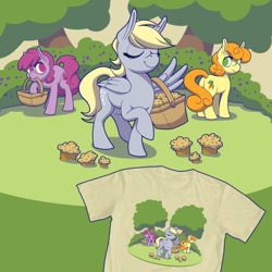 Size: 894x894 | Tagged: safe, artist:anders-art, berry punch, berryshine, carrot top, derpy hooves, golden harvest, pegasus, pony, basket, clothes, female, mare, mouth hold, muffin, shirt, t-shirt