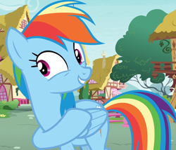 Size: 1264x1080 | Tagged: safe, derpibooru import, screencap, rainbow dash, pegasus, pony, secrets and pies, cropped, cute, raised hoof, smiling, solo