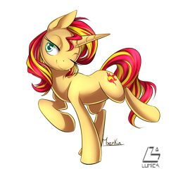 Size: 800x800 | Tagged: safe, artist:moenkin, sunset shimmer, pony, unicorn, one eye closed, raised hoof, simple background, solo, transparent background, wink