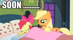 Size: 960x530 | Tagged: safe, apple bloom, applejack, earth pony, pony, female, image macro, mare, soon